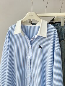 Franclia 大尺碼女款條紋單排扣長袖休閒襯衫 - 藍白色 - 查看 5