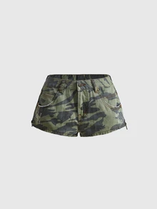 ROMWE Street Life 夏季街頭龐克迷彩拼色口號刺繡迷你牛仔短褲 - 軍綠色 - 查看 2