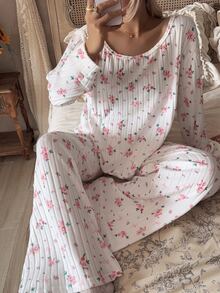 CottageSlumber Women's Romantic Floral Fleece Ribbed Asymmetrical Shoulder Long Sleeve Wide Leg Pants Pajama Set - White - View 6
