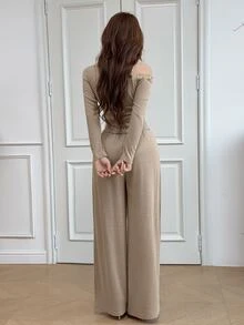 Feyla New Korean Style Gentle Design Square Neck 3D Floral Waist-Cinched Slimming Casual Versatile Loose Wide Leg Pants 2 Pieces Set - Khaki - View 7