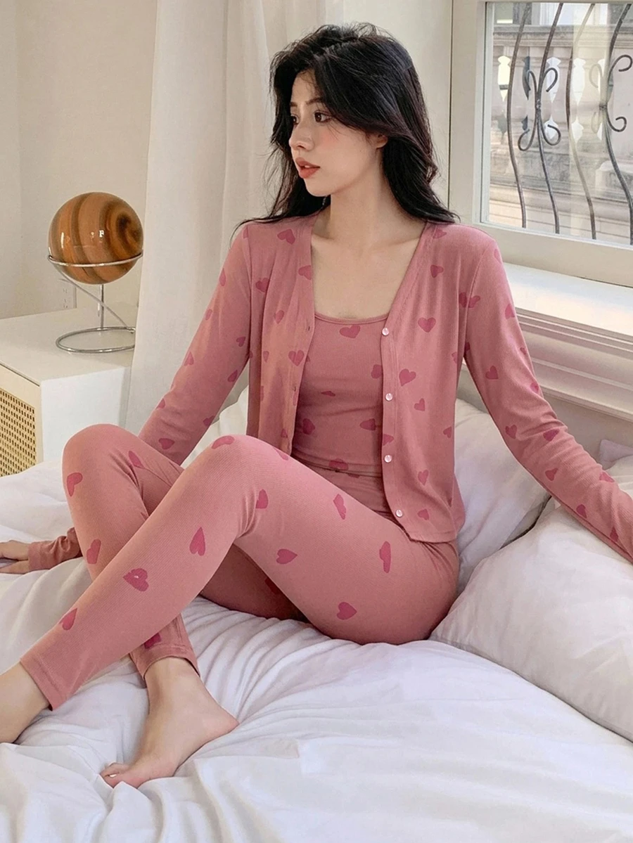 DAZY 3pcs Women's Heart Pattern All-Over Print Short Cardigan, Fitted Camisole, And Ankle-Length Fitted Pajama Pants Sleepwear Set - Pink - View 1