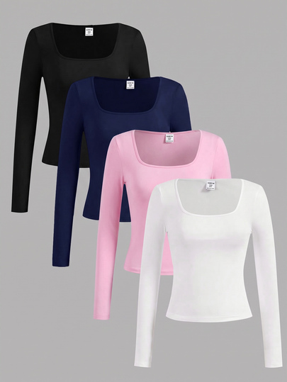 Girlism Tween Girls Autumn/Winter White Black Grey Blue Square Neck Long Sleeve Knitted Fitted Multi-Color Versatile All-Match Minimalist Base Layer T-Shirt 4pcs Set Tops