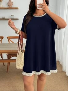 Enliva 大尺碼女款休閒優雅寬鬆圓領T恤洋裝，百搭夏季度假洋裝，度假晨曦海軍藍 - 藏蓝色 - 查看 3
