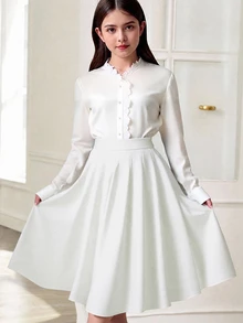 SHEIN 少女純色深藍色簡約百褶休閒長裙 - 白色 - 查看 7