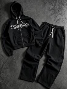 Manfinity Roghcode Men's English Letter Print Hooded Zip-Up Patchwork Sweatshirt And Patchwork Long Sweatpants Set, Casual Comfortable Versatile, Suitable For Outings, Commuting, Street Style, Home, Travel, Vacation, Daily Wear - Black - View 1