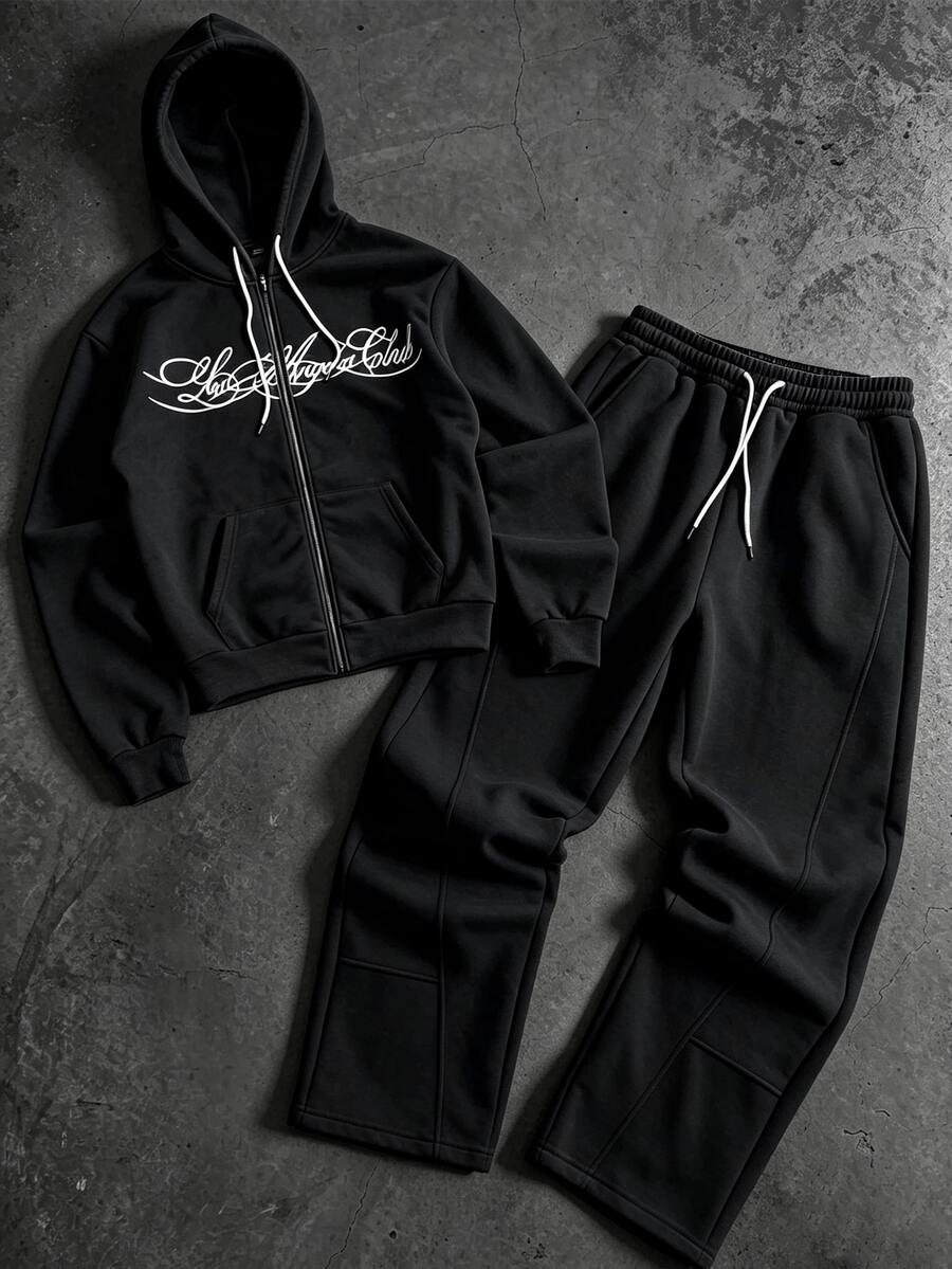 Manfinity Roghcode Men's English Letter Print Hooded Zip-Up Patchwork Sweatshirt And Patchwork Long Sweatpants Set, Casual Comfortable Versatile, Suitable For Outings, Commuting, Street Style, Home, Travel, Vacation, Daily Wear - Black - View 1