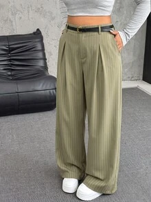 SHEIN EZwear Pantalones de pierna ancha casuales con cierre de botones y cinturón en unicolor para talla grande en otoño/invierno - Verde - Ver 1