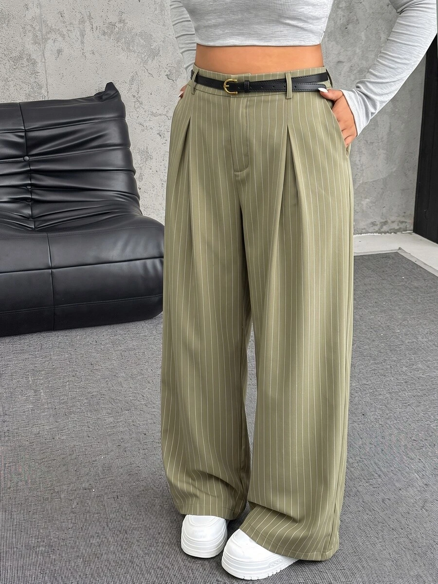 SHEIN EZwear Pantalones de pierna ancha casuales con cierre de botones y cinturón en unicolor para talla grande en otoño/invierno - Verde - Ver 1