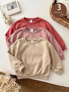 SHEIN LMoss Kids 女童 3 件組針織素色圓領寬鬆休閒秋季衛衣套裝 - 粉色 - 查看 5