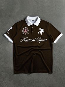 STYNVO 男士夏季休閒字母印花 Polo 衫 - 咖啡棕 - 查看 1