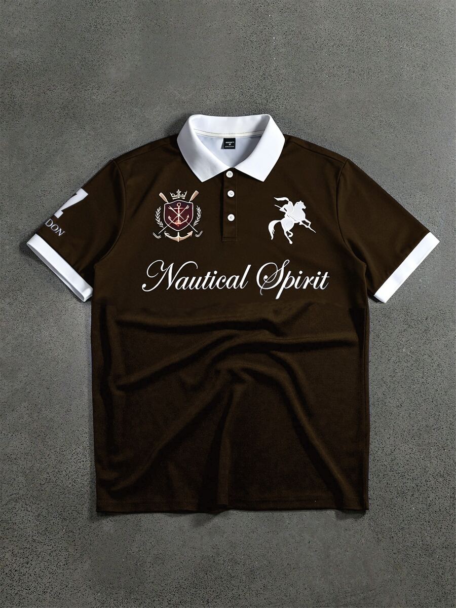 STYNVO 男士夏季休閒字母印花 Polo 衫 - 咖啡棕 - 查看 1