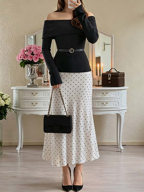 Flora Isola Flora Isola 2026 Ny off-shoulder långärmad topp med bälte, elegant polkadott-set med sjöjungfru-kjol, avslappnad elegant outfit, fransk kontorsstil för pendling, street-set för eftermiddagste