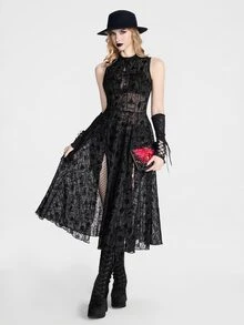 Breakform Women's Halloween Dark Pattern Printed Sheer Mesh Textured Asymmetrical Long Dress, Dark Asymmetrical Pattern Sheer Double Side High Slit Dress - Black - View 3