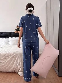 Dream Adore 粉色條紋蝴蝶結印花前開襟翻領短袖女款睡衣套裝 - 藏蓝色 - 查看 2