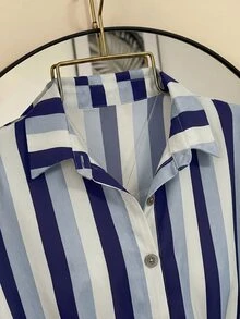 SHEIN Franclia 女款韓系街頭風單排釦條紋襯衫 - 藍色 - 查看 3