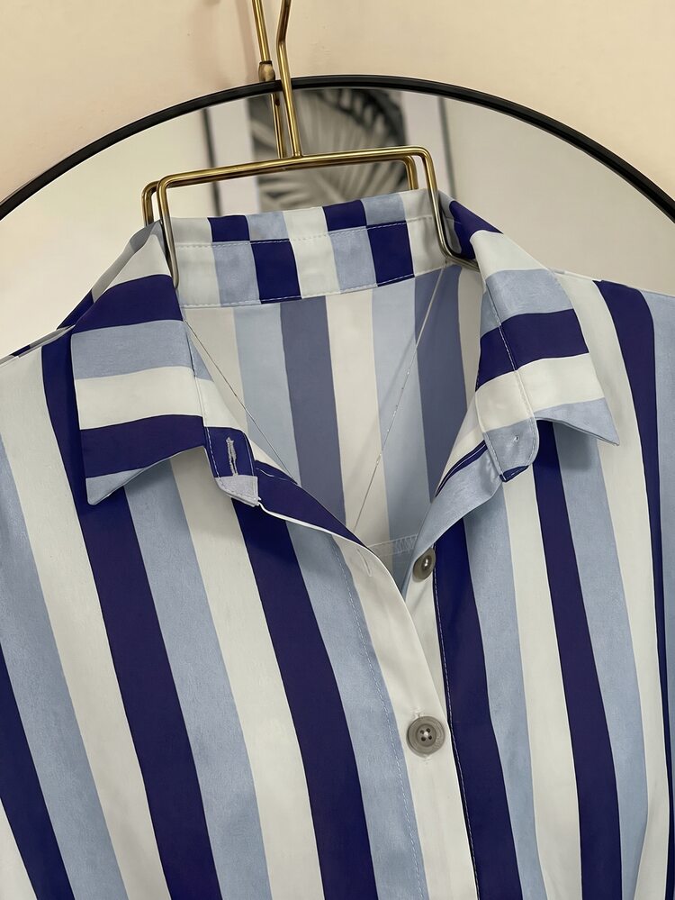 SHEIN Franclia Women's Korean Street Style Single-Breasted Striped Shirt - Blue - View 3