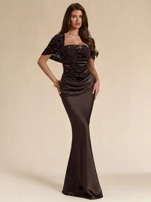 SHEIN BAE Fall Winter Deep Brown Satin Off Shoulder Ruched Slim Dress Elegant Thanksgiving Christmas Evening Gown - Brown - View 4