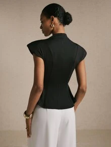 Poéselle Women's Black Stand Collar Cap Sleeve Asymmetric Hem Fashion T-Shirt,Chic Top,Elegant Women's Blouses,Work Outfits,Casual Blouses,Gothic,Fall/Winter - Black - View 8