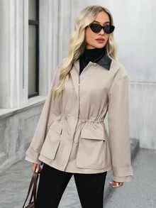 EMERY ROSE Jaket Trench Coat Kasual Serbaguna Motif Blok Warna untuk Wanita, Pakaian Musim Dingin untuk Wanita, Jaket Musim Dingin untuk Wanita - Khaki - View 9