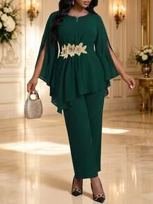 Fleurora Plus Size Elegant Party Floral Embroidered Top And Pants 2 Pieces Set - Dark Green - View 1
