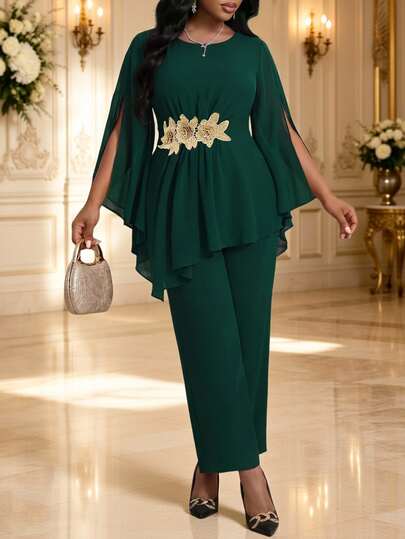 Fleurora Plus Size Elegant Party Floral Embroidered Top And Pants 2 Pieces Set