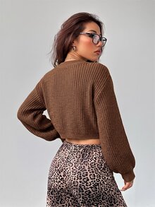 SHEIN PETITE 白色燈籠袖前開扣羅紋針織開襟衫，秋冬露肩毛衣 - 咖啡棕 - 查看 3