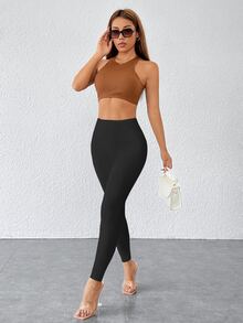 SHEIN PETITE 女款純色高腰緊身內搭褲 - 黑色 - 查看 6