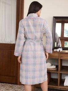 Doze Lane Minimalist Tie Waist Plaid Plus Size Loungewear Robe - Multicolor - View 2