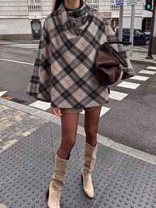 SHEIN Autumn/Winter British Style Casual Elegant Plaid Cape Coat, Ruched Collar Button Decor Loose Plaid Shawl Jacket Everyday Going Out Grey Plaid - Coffee Brown - View 7