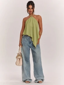 SHEIN BAE Spring/Summer Women's Casual Vacation Halter Neck Backless Asymmetrical Hem Yellow Solid Satin Tank Top, Suitable For Beach Vacation, Beach Holiday, Sister Casual Vacation, Elegant Tank Top, Practical Satin Tank Top, Yellow Satin Tank Top, Elegant Tank Top - Olive Green - View 7