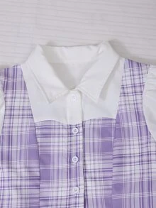 SHEIN 女童格紋拼接襯衫領泡泡長袖上衣搭配鬆緊腰百褶裙，學院風，適合春秋季上學、通勤、旅行、散步、購物，可搭配外套、夾克、西裝外套 - 紫色 - 查看 4
