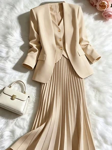 SHEIN Franclia 女款春夏/秋冬優雅西裝面料兩件套，2合1夾克搭配彈性腰褶皺長裙，適合下午茶及其他場合，秋冬新款套裝，展現時尚魅力 - 卡其色 - 查看 1