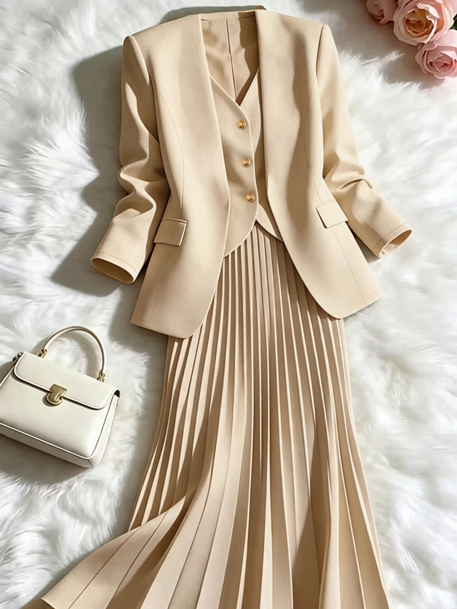 SHEIN Franclia 女款春夏/秋冬優雅西裝面料兩件套，2合1夾克搭配彈性腰褶皺長裙，適合下午茶及其他場合，秋冬新款套裝，展現時尚魅力 - 卡其色 - 查看 1