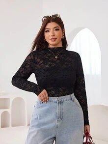 Solflare 大尺碼女款蕾絲修身百搭休閒長袖T恤 - 黑色 - 查看 7