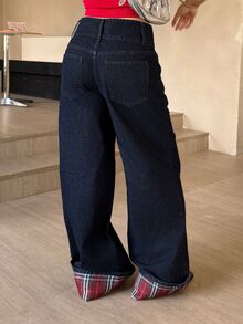 DAZY Women's Casual Plaid Patchwork Wide Leg Denim Jeans Fall - Dark Wash - View 6