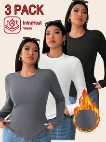 Solflare 大尺碼女款秋冬黑白灰 3 件組長袖修身圓領 T 恤 - 彩色 - 查看 1