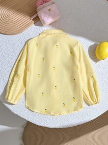 SHEIN 少女可愛時尚休閒百搭翻領條紋水果圖案落肩寬鬆長袖襯衫，學院風，返校季 - 黃色 - 查看 2