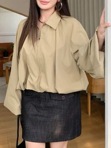 Dazy Plus Solid Color Loose Fit Lapel Lantern Sleeve Casual Elegant Vacation Fall Doll Blouse Jacket Office Going Out Beige - Khaki - View 5