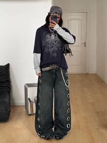 Coolane 女款對比色披肩式愛心印花二合一T恤 - 黑色 - 查看 2