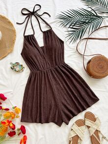 Soleia Women's Vacation Colorful Tie-Dye Floral Toothpick Pleat Print V-Neck Halter Back Tie Open Back Cinched Waist Voluminous Wide Leg Romper - Brown - View 1