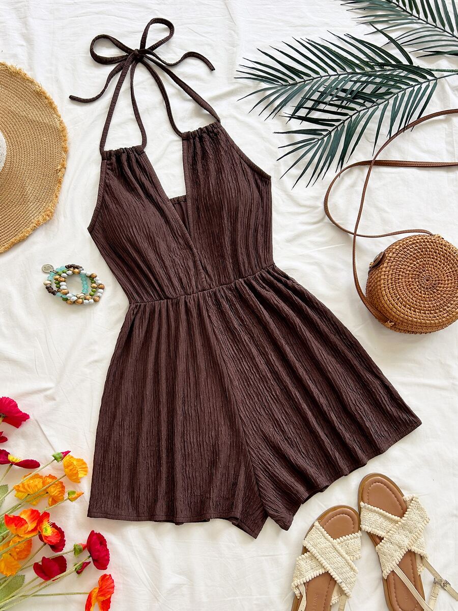 Soleia Women's Vacation Colorful Tie-Dye Floral Toothpick Pleat Print V-Neck Halter Back Tie Open Back Cinched Waist Voluminous Wide Leg Romper - Brown - View 1