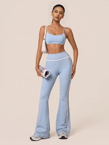 SHEIN BAE Women Light Blue High Waist Flare Leggings Tummy Control Gym Workout Training Running Yoga Athletic Pants - Baby Blue - View 4