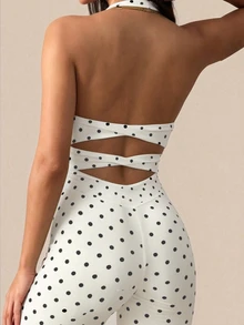 SHEIN BAE Women White Polka Dot Backless Athletic Jumpsuit Gym Workout Training Running Yoga Sports Bodysuit - White - View 3