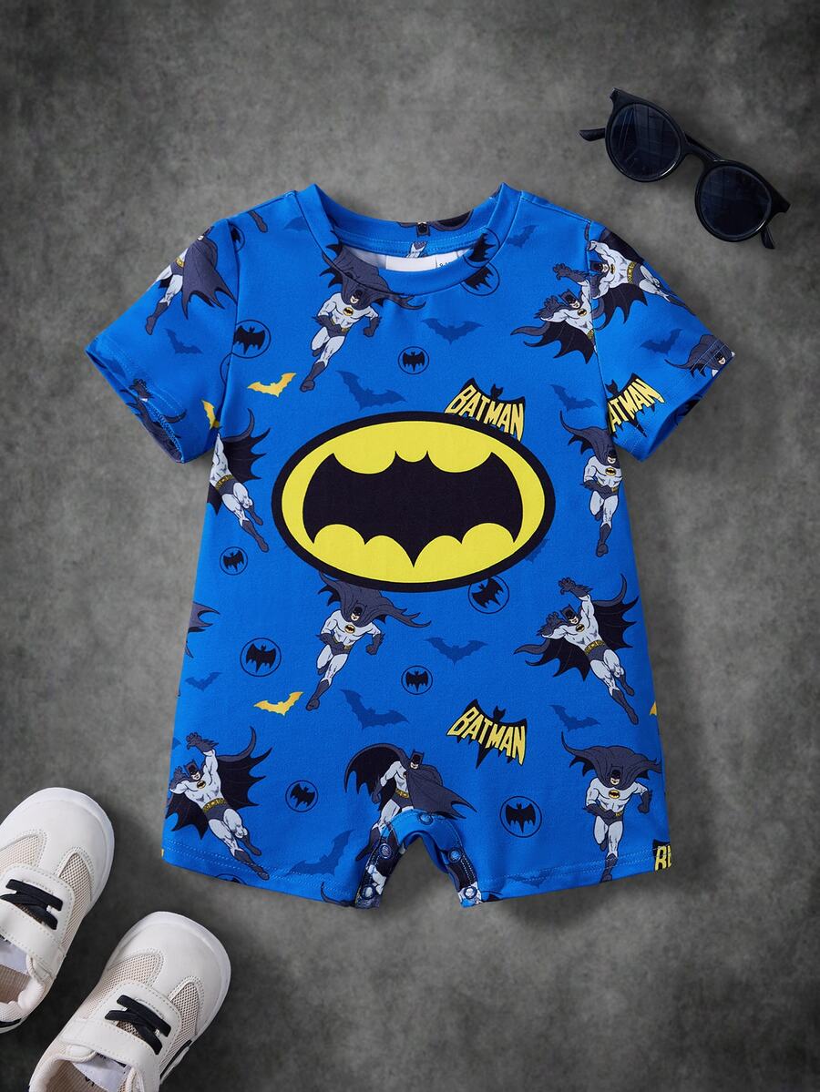 BATMAN X SHEIN Baby Boys Cartoon Print Romper - Blue - View 1