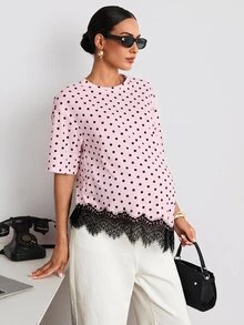 MaterniWear 孕婦波點印花蕾絲拼接T恤 - 粉色 - 查看 4
