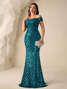 Coutiva 女款亮片露肩開衩優雅晚禮服 - 湖藍色 - 查看 3