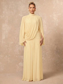Lumalex Fall Winter Soft Comfortable Mesh Mock Neck Flowy Long Sleeve Ruched Draped Bodycon Dress With Flared Hem For Women Dawn-To-Gala Elegant Poised Let Yo - Apricot - View 8