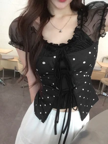 DAZY 女款夏季 2 合 1 荷葉邊蝴蝶結肩帶短袖 T 恤 - 黑色 - 查看 3