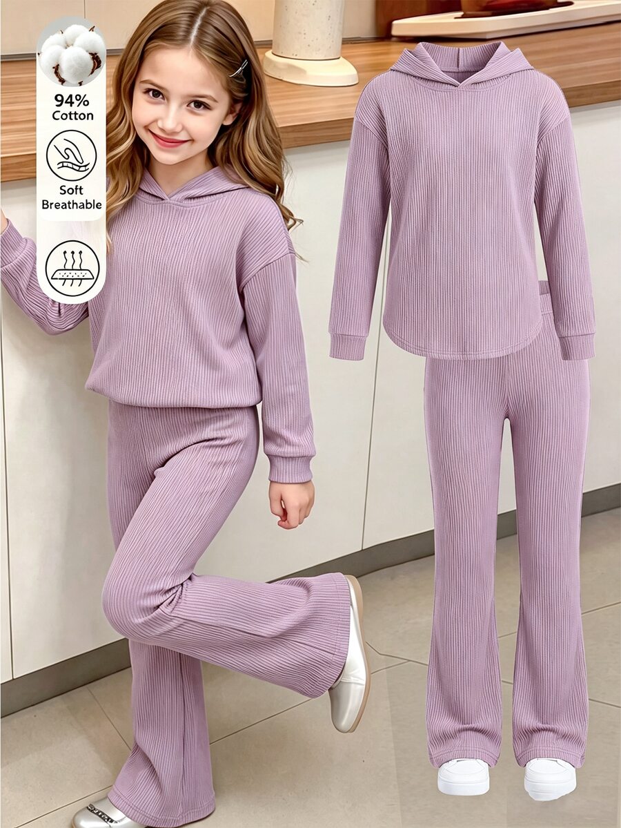 SHEIN Girls Big Tween Girl Knit Ribbed Hooded Asymmetrical Hem T-Shirt And Leggings 2 Pieces Set School Night Purple Autumn Alt - Pink - View 1