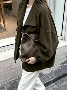 SHEIN PariChic 秋季服飾 深棕色大領寬鬆長袖百搭休閒夾克 通勤穿搭 外出穿搭 時尚上衣 辦公日常 - 軍綠色 - 查看 4